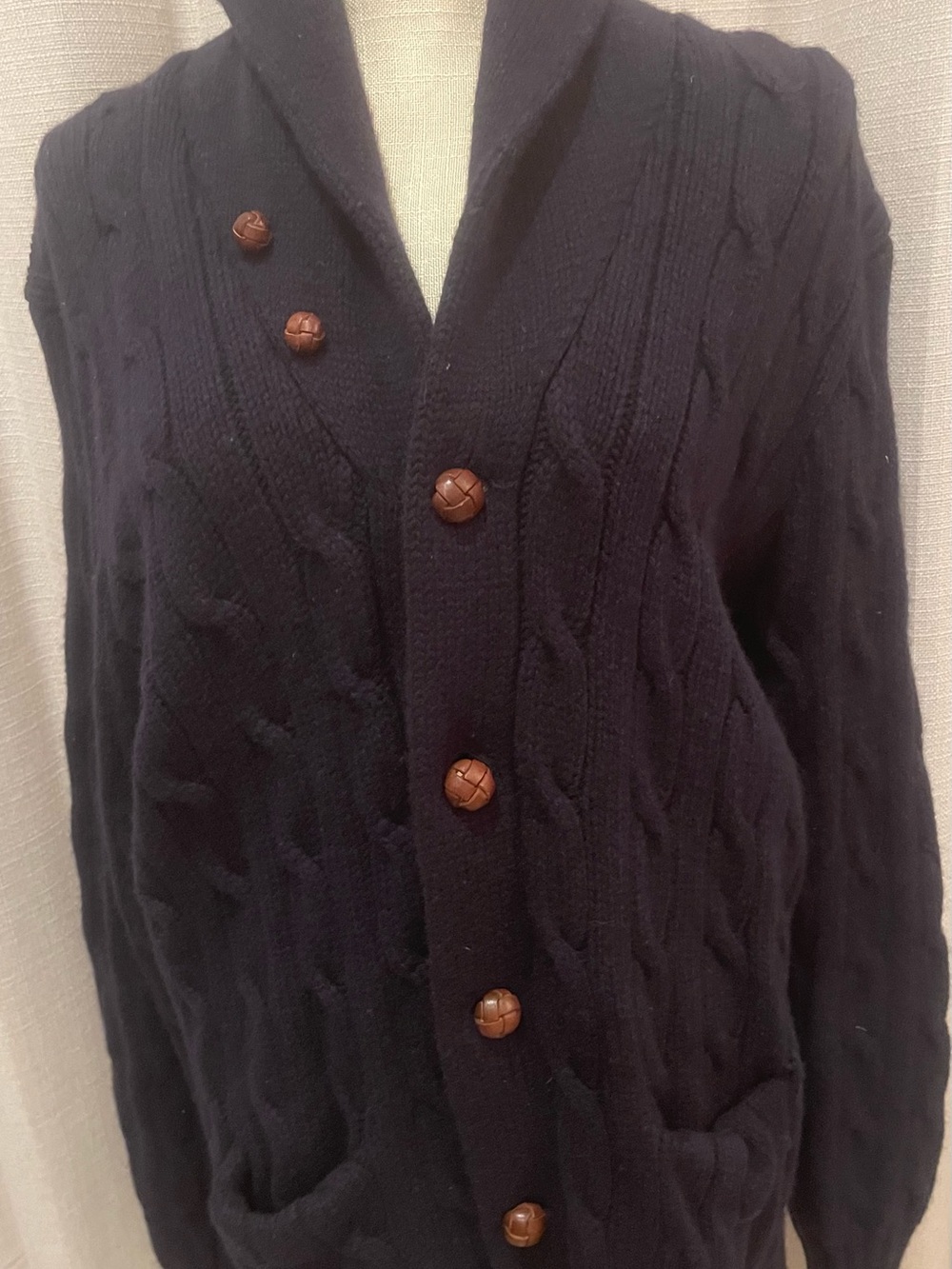 Vintage 80s Style Ralph Lauren Navy Cable-Knit Shawl Cardigan with Brown Buttons